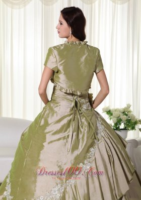 Olive Green Hand Flowers Taffeta Appliques Quinceanera Dress