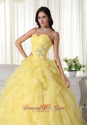 Yellow Appliques Beading Quinceanera Dress Zipper-up Sweetheart