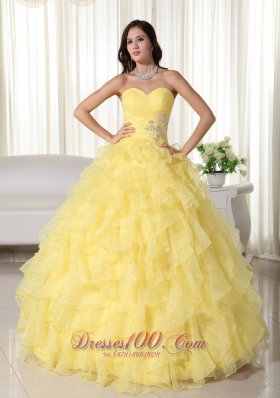 Yellow Appliques Beading Quinceanera Dress Zipper-up Sweetheart