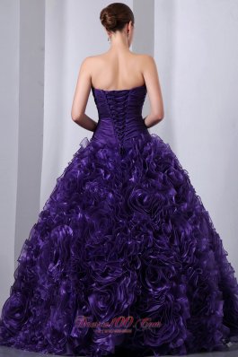 Purple A-Line Hand Flowers Quinceanea Dress Beading