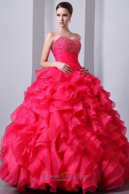 Coral Red Ruffles Beading Quinceanea Dress A-Line Sweetheart