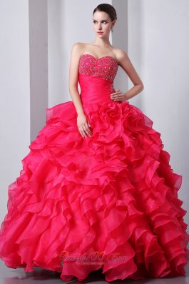 Coral Red Ruffles Beading Quinceanea Dress A-Line Sweetheart