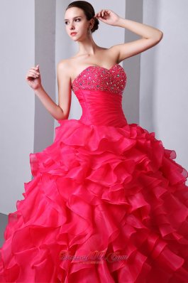 Coral Red Ruffles Beading Quinceanea Dress A-Line Sweetheart