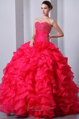 Coral Red Ruffles Beading Quinceanea Dress A-Line Sweetheart