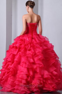 Coral Red Ruffles Beading Quinceanea Dress A-Line Sweetheart