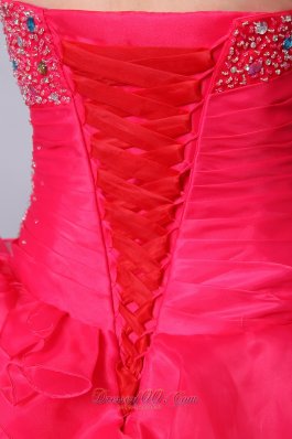 Coral Red Ruffles Beading Quinceanea Dress A-Line Sweetheart