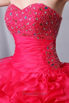 Coral Red Ruffles Beading Quinceanea Dress A-Line Sweetheart