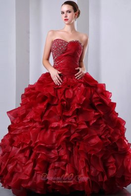 Wine Red Beading and Ruffles Quinceanea Dress A-Line Sweetheart