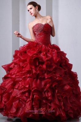 Wine Red Beading and Ruffles Quinceanea Dress A-Line Sweetheart