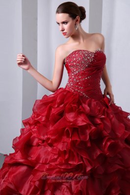 Wine Red Beading and Ruffles Quinceanea Dress A-Line Sweetheart