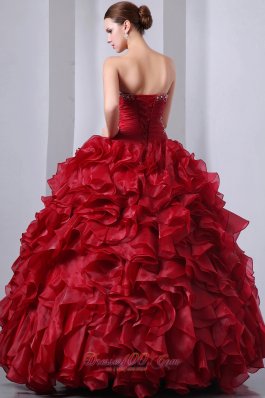 Wine Red Beading and Ruffles Quinceanea Dress A-Line Sweetheart