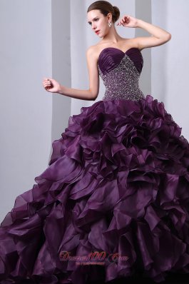 Purple Beading Ruffles Brush Train A-Line Quinceanea Dress