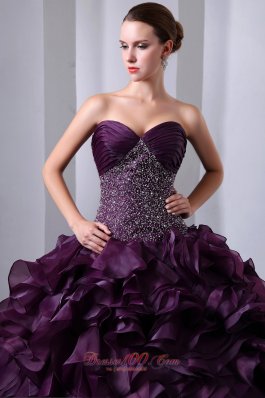 Purple Beading Ruffles Brush Train A-Line Quinceanea Dress