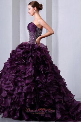 Purple Beading Ruffles Brush Train A-Line Quinceanea Dress