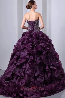 Purple Beading Ruffles Brush Train A-Line Quinceanea Dress