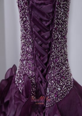 Purple Beading Ruffles Brush Train A-Line Quinceanea Dress