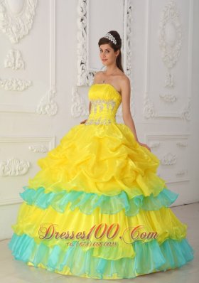 Yellow and Green Quinceaneras Dress Beading Decorate