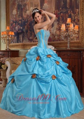 Sky Blue Quinceanera Gown Hand Made Flowers Pick-ups