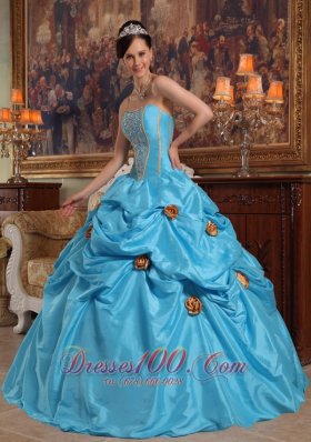 Sky Blue Quinceanera Gown Hand Made Flowers Pick-ups