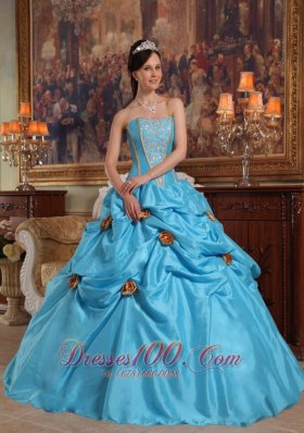 Sky Blue Quinceanera Gown Hand Made Flowers Pick-ups