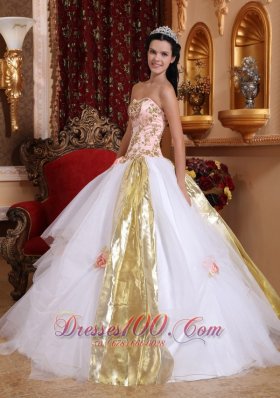 White Quinceanera Dress Strapless Organza Beading Appliques