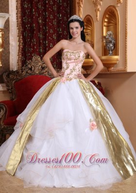 White Quinceanera Dress Strapless Organza Beading Appliques