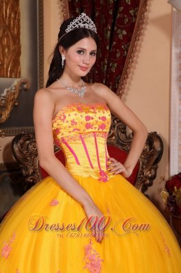 Yellow Quinceanera Dress Strapless Organza Lace Appliques