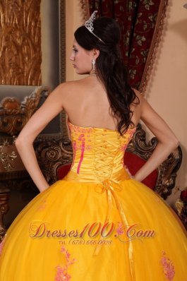 Yellow Quinceanera Dress Strapless Organza Lace Appliques