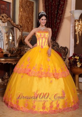 Yellow Quinceanera Dress Strapless Organza Lace Appliques