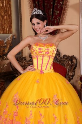 Yellow Quinceanera Dress Strapless Organza Lace Appliques