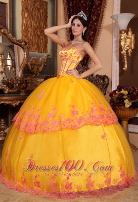 Yellow Quinceanera Dress Strapless Organza Lace Appliques