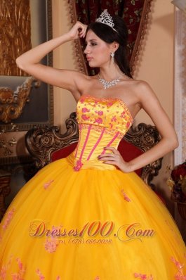 Yellow Quinceanera Dress Strapless Organza Lace Appliques