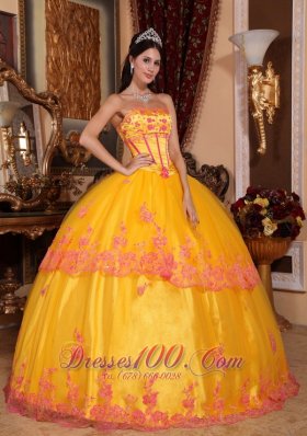 Yellow Quinceanera Dress Strapless Organza Lace Appliques