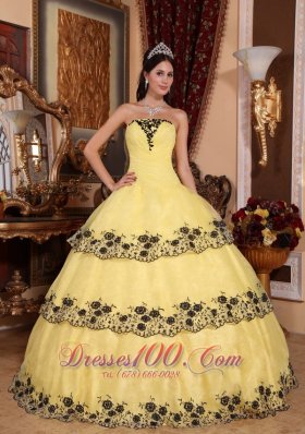 Yellow Quinceanera Dress Strapless Organza Lace Appliques