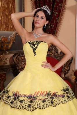 Yellow Quinceanera Dress Strapless Organza Lace Appliques