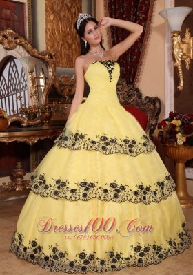 Yellow Quinceanera Dress Strapless Organza Lace Appliques