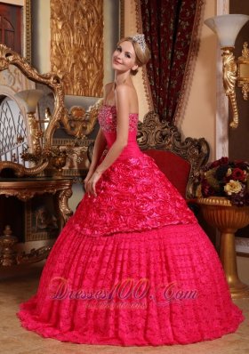 Red Quinceanera Dress Strapless Roling Flowers Beading