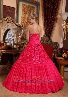 Red Quinceanera Dress Strapless Roling Flowers Beading