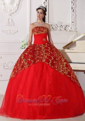 Red Quinceanera Dress Strapless Tulle Beading Ruch