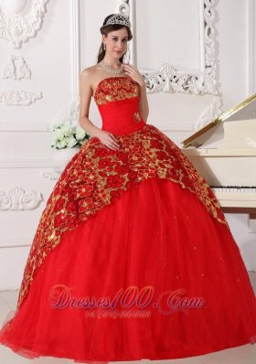 Red Quinceanera Dress Strapless Tulle Beading Ruch