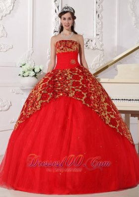 Red Quinceanera Dress Strapless Tulle Beading Ruch