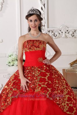 Red Quinceanera Dress Strapless Tulle Beading Ruch