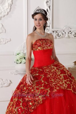 Red Quinceanera Dress Strapless Tulle Beading Ruch