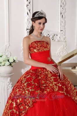 Red Quinceanera Dress Strapless Tulle Beading Ruch