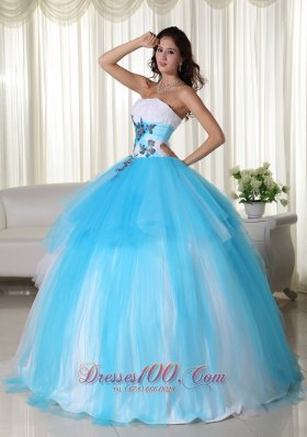 Aqua Ball Gown Strapless TrTulle Beading Quinceanera Dress