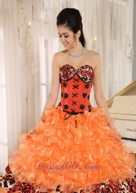 Orange Ruffles Appliques Sweetheart Quinceanera Dress Leopard