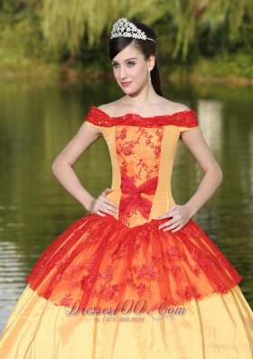 Colorful Shoulder Neckline Quinceanera Dress With Appliques