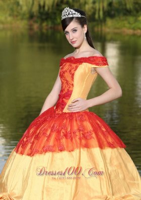 Colorful Shoulder Neckline Quinceanera Dress With Appliques