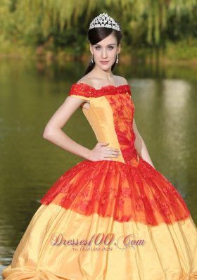 Colorful Shoulder Neckline Quinceanera Dress With Appliques