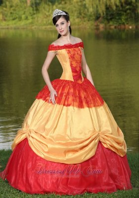 Colorful Shoulder Neckline Quinceanera Dress With Appliques